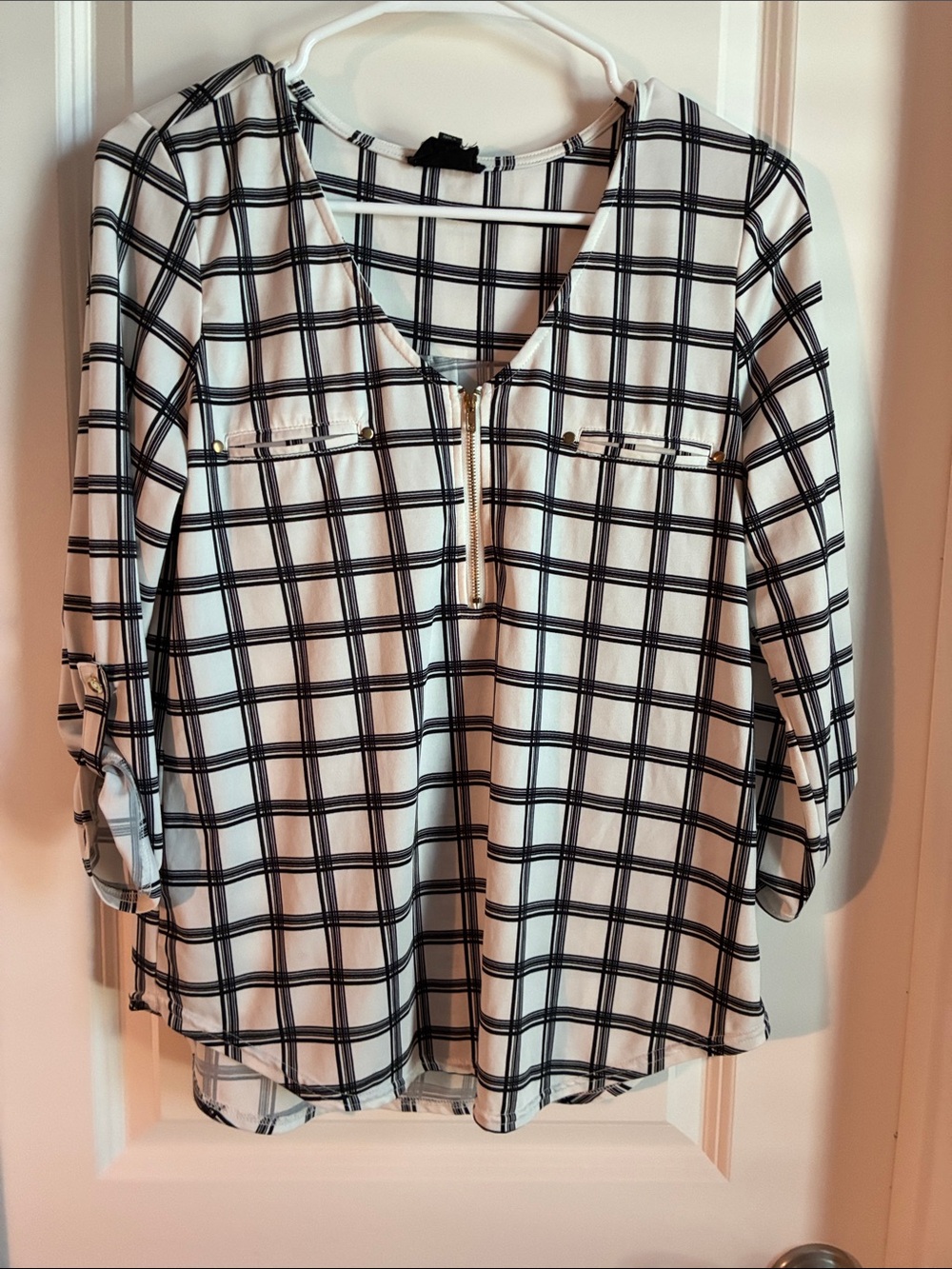 Workshop Womens Black & White Plaid Zip-Front Blouse